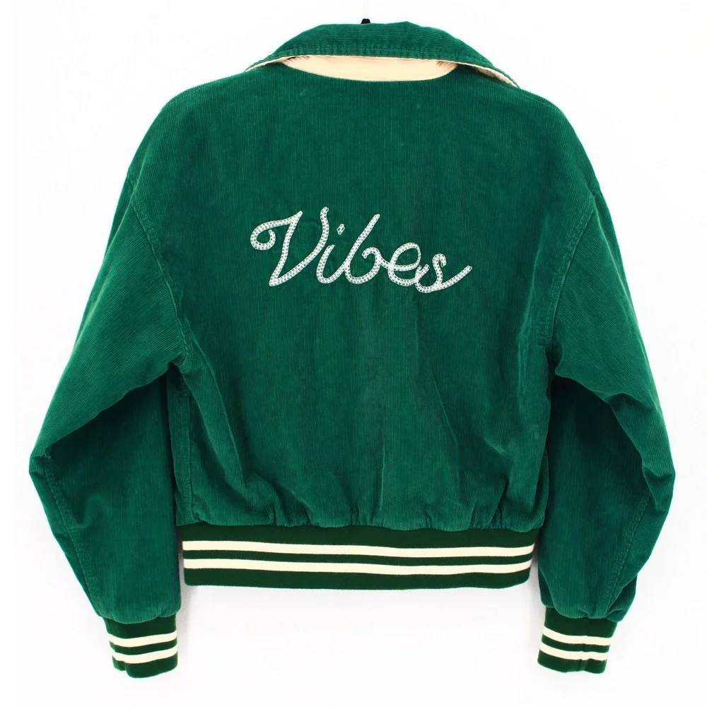 BDG Urban Outfitters Green Corduroy Varsity Jacket Mushroom Vibes Small NWT - Picture 2 of 10